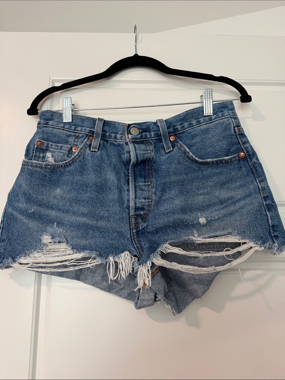 Levi's 501 Distressed Dark Blue Denim Cutoff Shorts